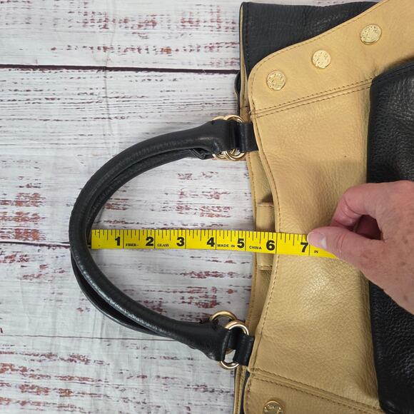 Emma Fox Black Tan Leather Top Dual Handle Satchel Purse Timeless Designer Bag - Picture 12 of 13
